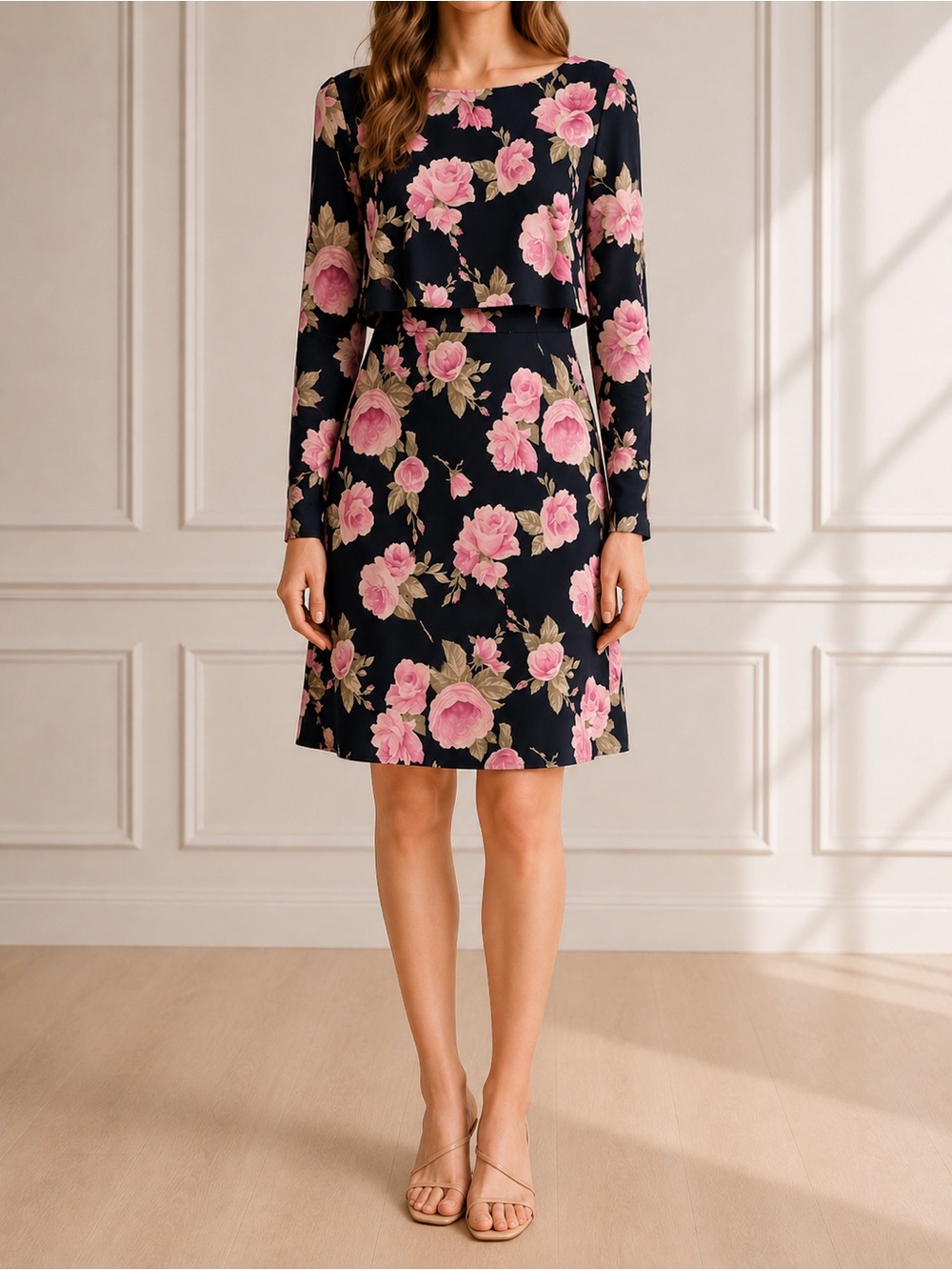 Vintage 1980s Kay Unger 100% Silk Dress Black & Pink Roses Button Back Size 8